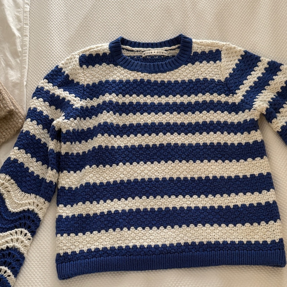 Alice + Olivia Blue and Cream Striped Crochet Sweater